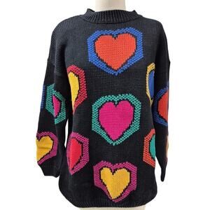 90s Y2K Marnie West Ramie/Cotton Black Sweater Colorful Intarsia Hearts Women M